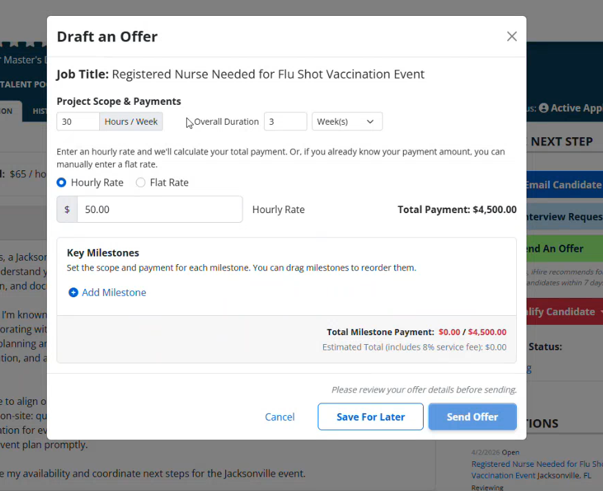 screenshot of freelance candidate job offer
