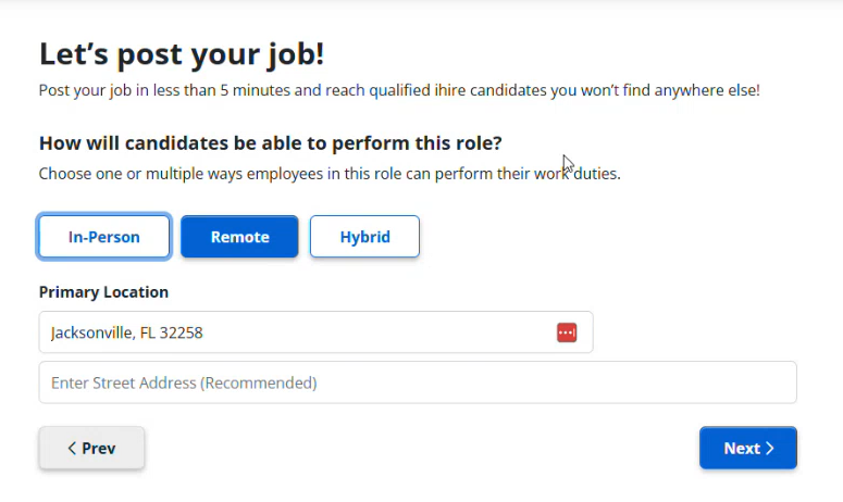 screenshot of posting a job on iHire's freelance marketplace