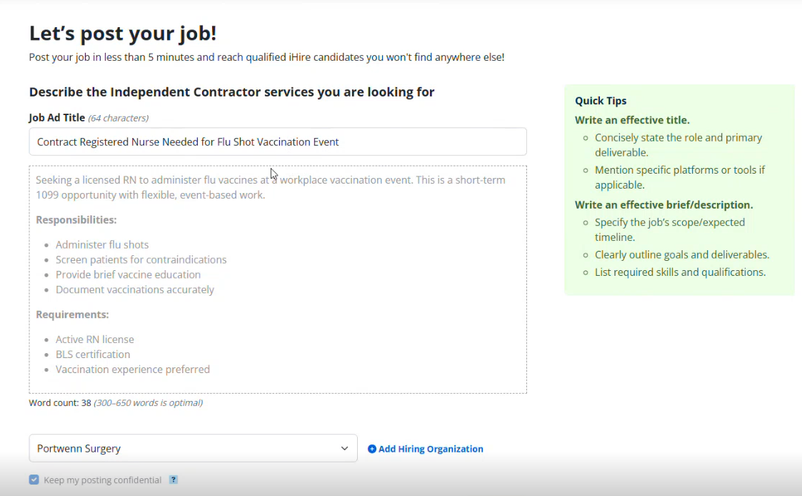 screenshot of creating project brief on iHire