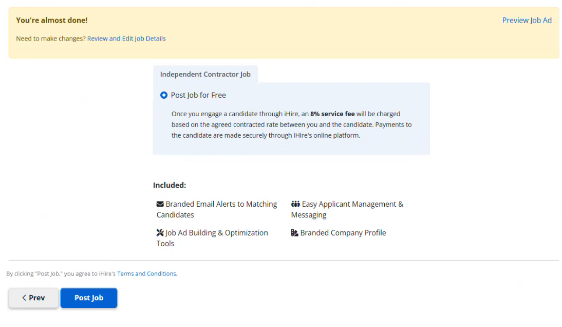 screenshot of freelance job posting flow