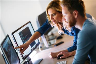 Colleagues working together at computer