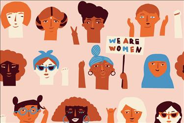 illustration of a diverse group of women including one holding a sign that reads, "we are women"