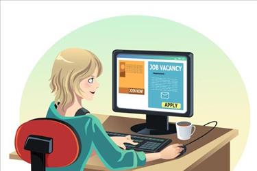 illustration of a job seeker reading a job ad on her computer