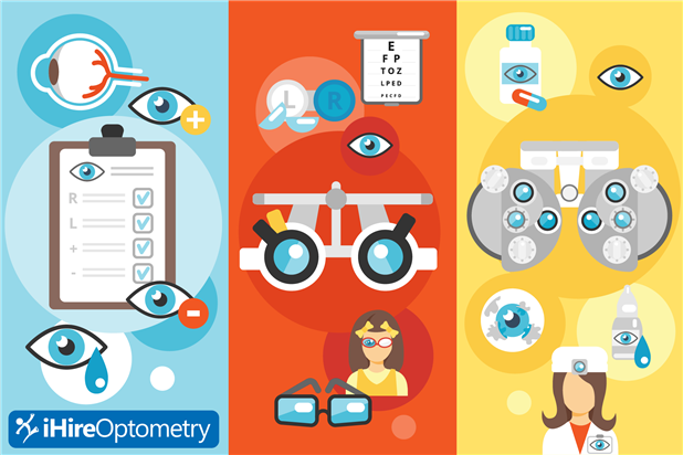 Graphic showing different optometry jobs and job seekers. Illustration