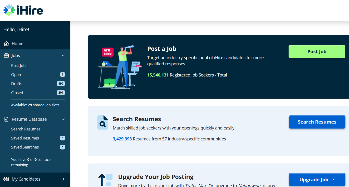 iHire updated employer navigation