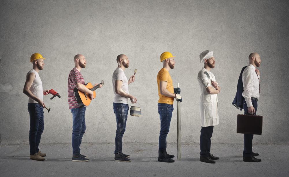 concept image of man pursuing different careers such as chef, painter, and musician