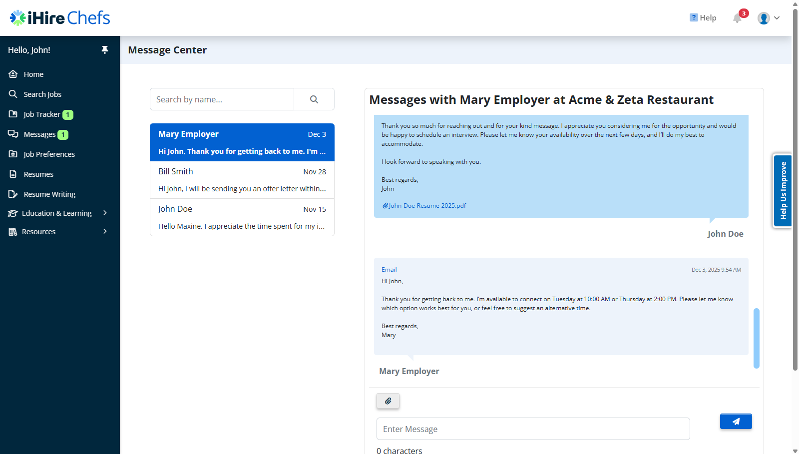 iHire candidate message center screenshot