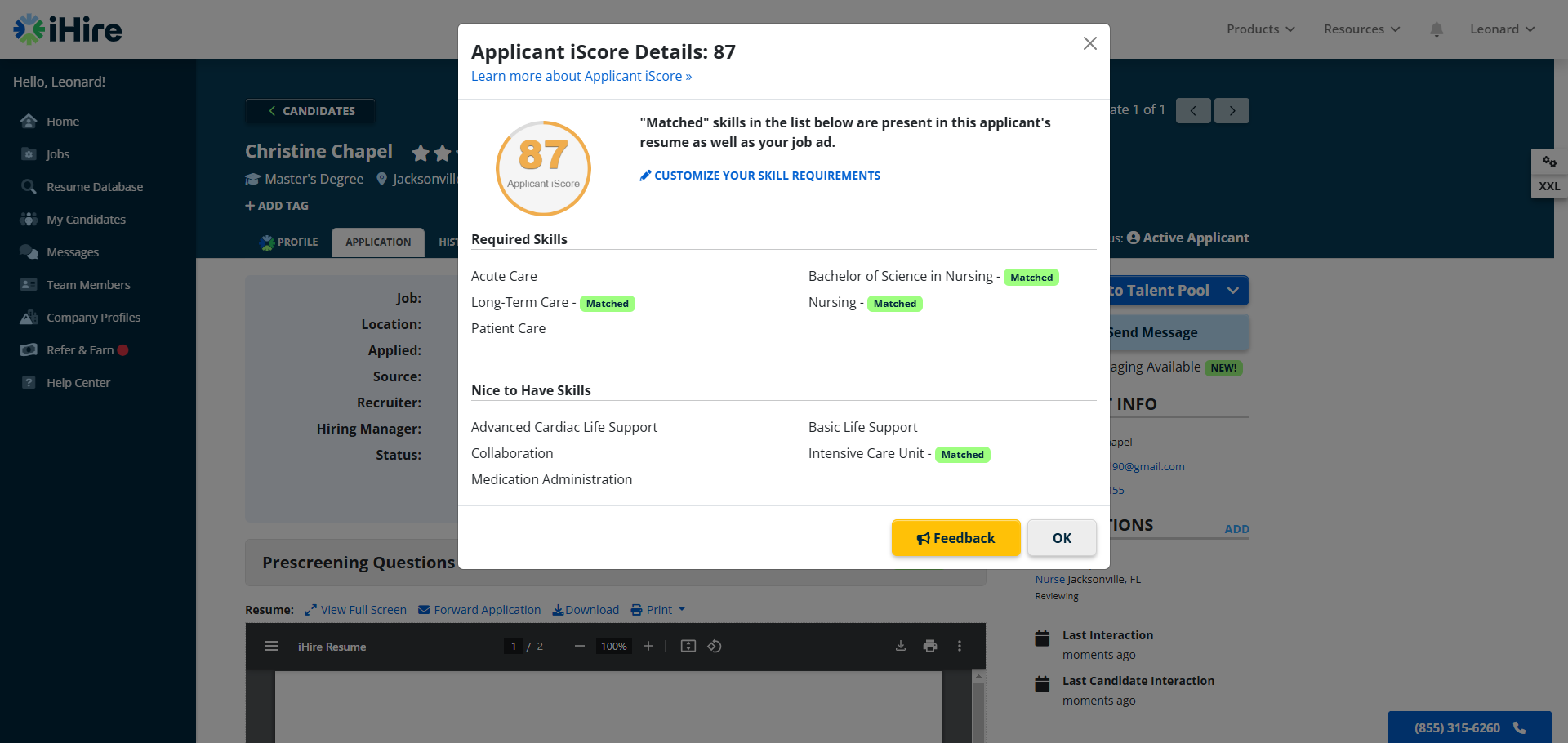 iHire's iScore skill matching screenshot