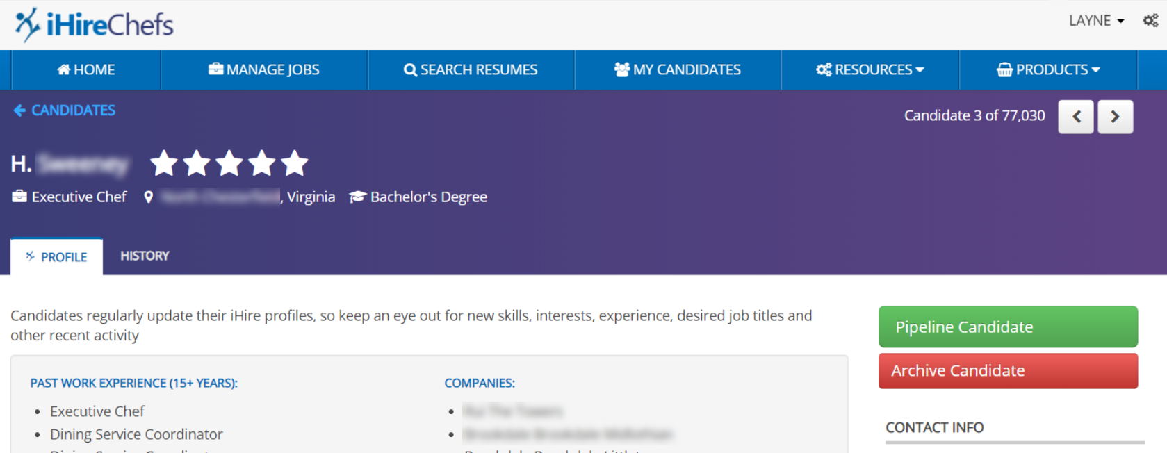 Candidate profile on iHire
