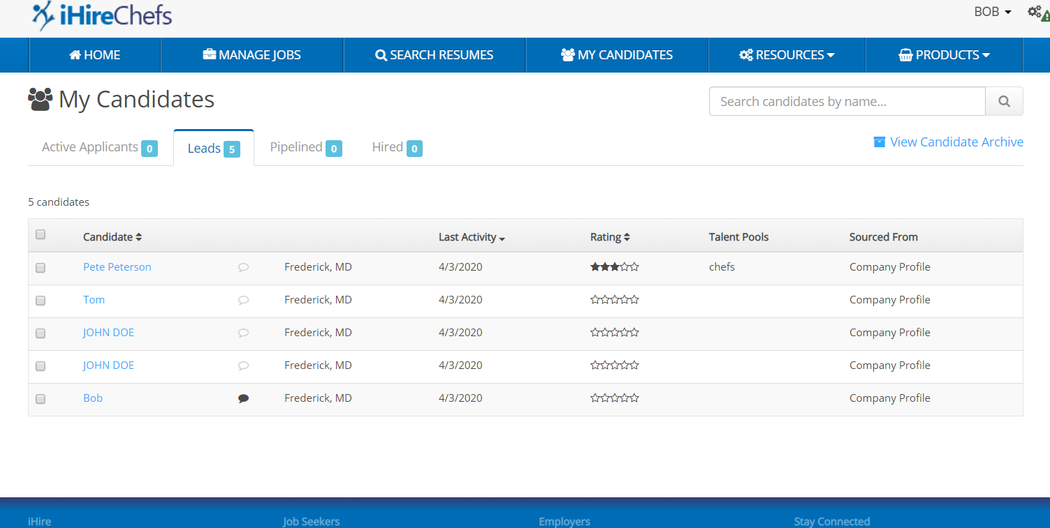 Leads tab on iHire candidate management platform