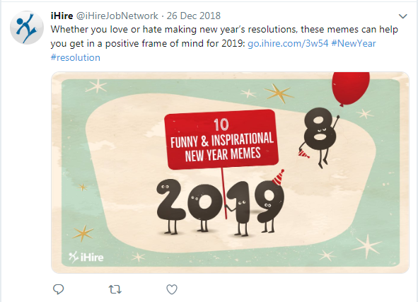 screenshot of iHire tweet about funny and inspirational new year's memes