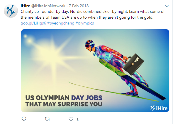 screenshot of iHire tweet about winter Olympians and their day jobs