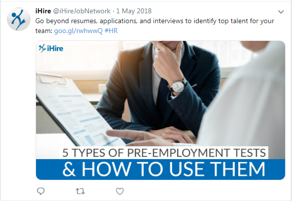 screenshot of iHire tweet about pre-employment tests