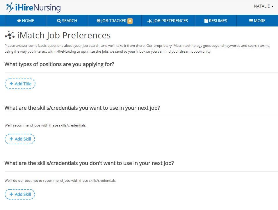 Screenshot of iMatch job preferences page