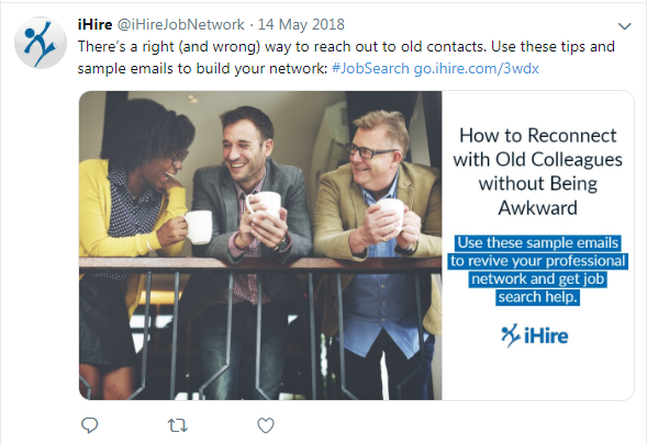 screenshot of iHire tweet about reconnecting with colleagues