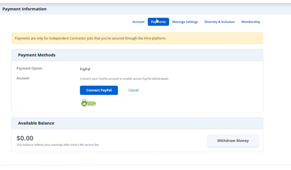 screenshot of ihire's freelance marketplace job seeker experience