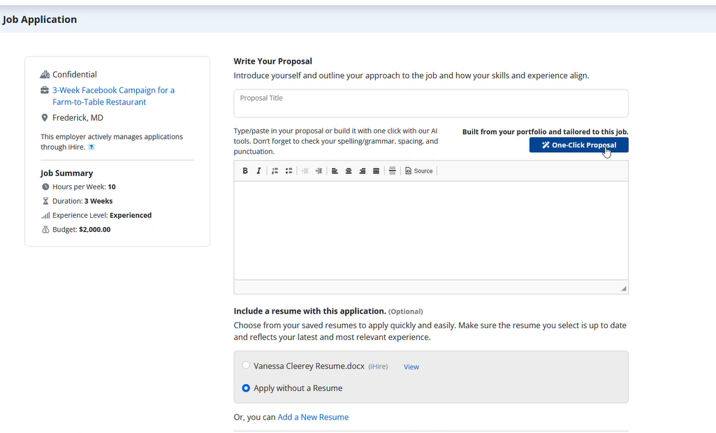 screenshot of ihire's freelance marketplace job application