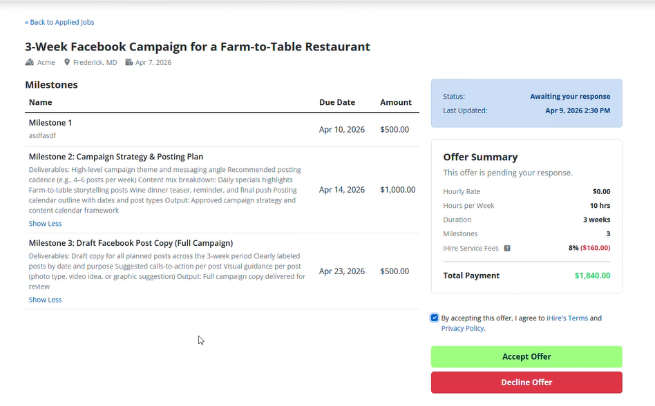 screenshot of ihire's freelance marketplace job seeker experience