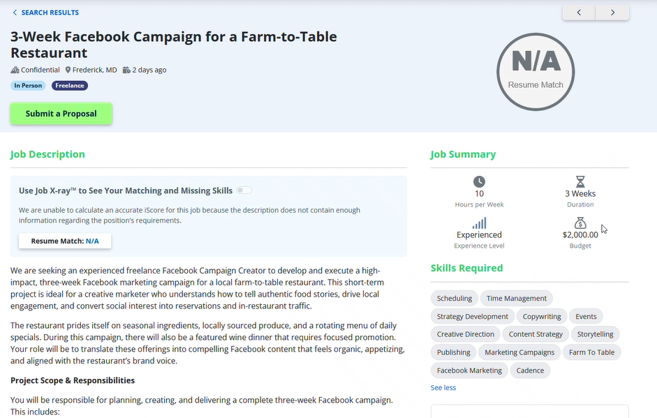 screenshot of ihire's freelance marketplace job seeker experience