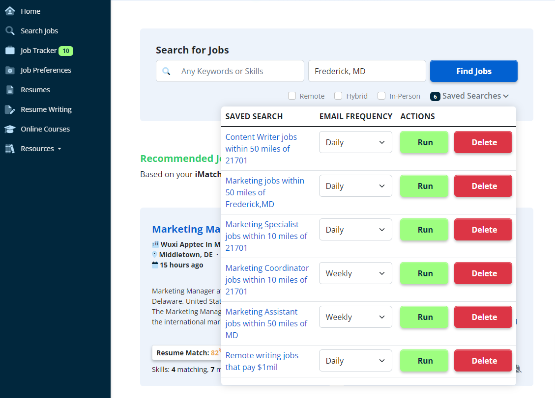 Saved searches on iHire dashboard