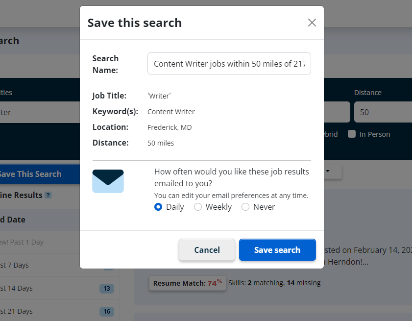 iHire saved search popup