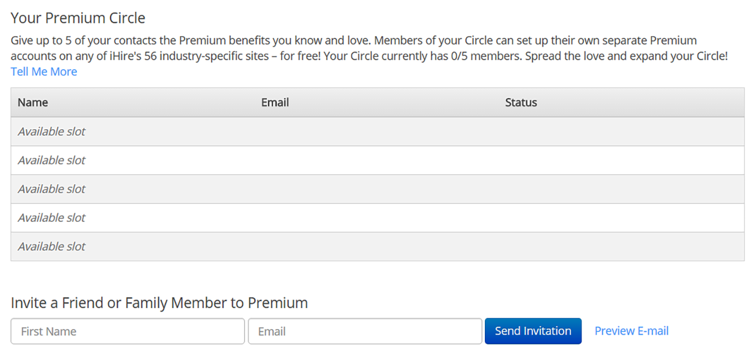 Screenshot of iHire's Premium Circle Settings page