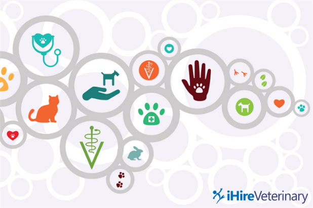 Graphic with colorful icons related to animal care and the veterinary industry