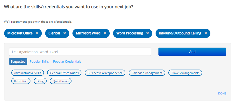 screenshot of ihire job preferences page, skills section with new list of suggestions