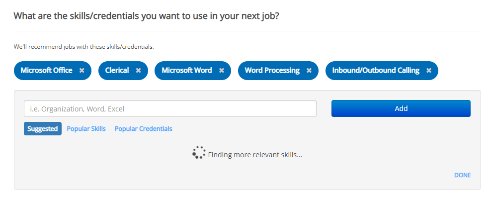 screenshot of ihire job preferences page, skills section refreshing