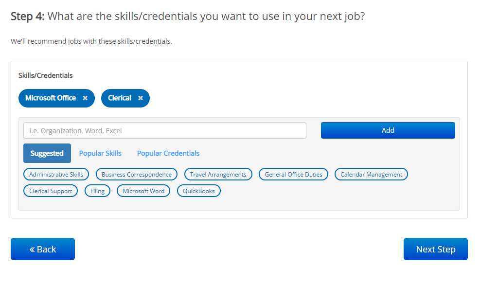 screenshot of fresh skills recommendations on ihire onboarding process, step 4