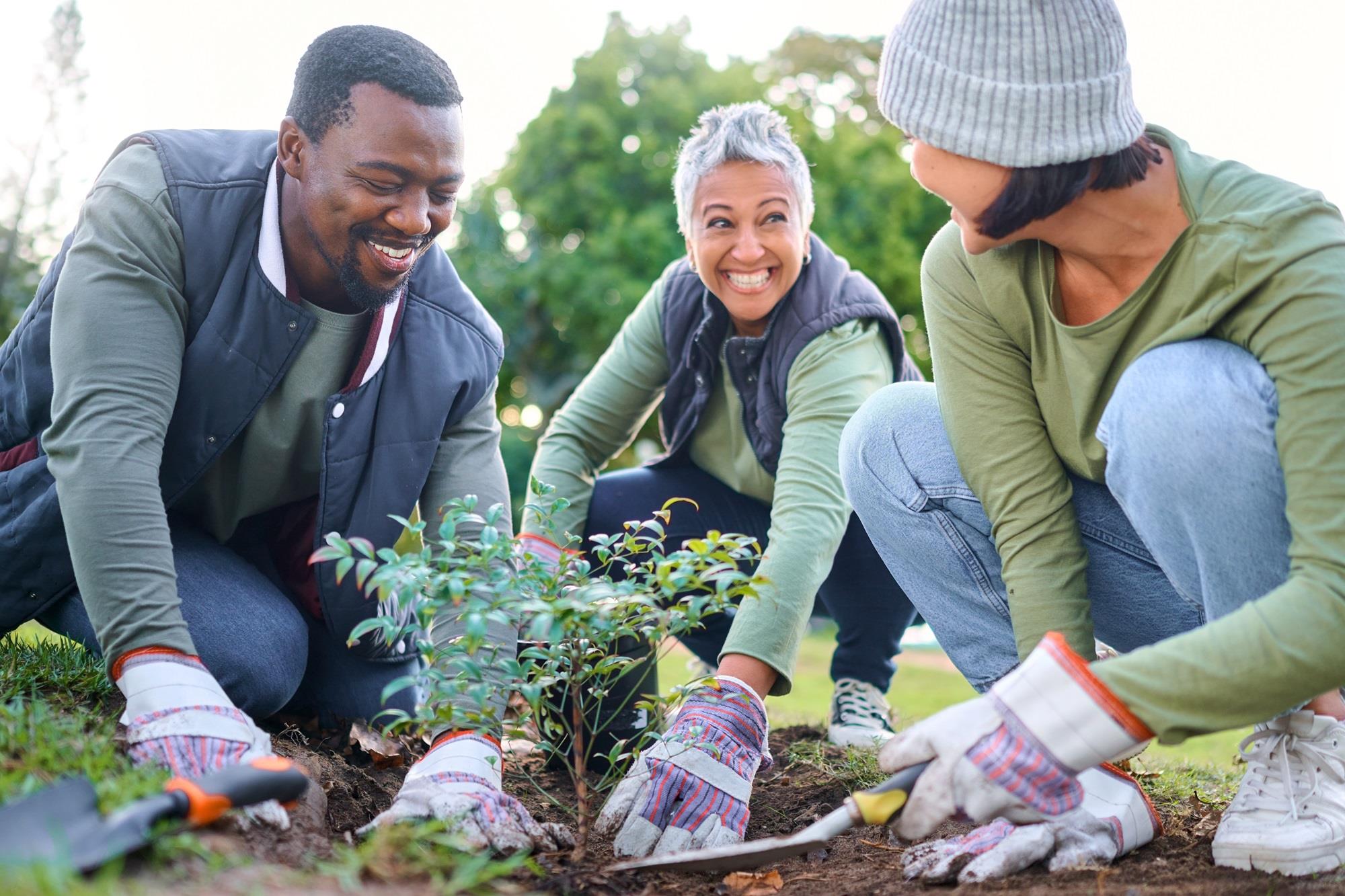 group of happy people volunteering to plant a garden