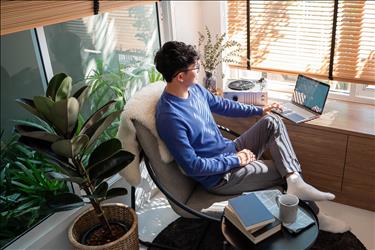 freelance employee working from home in a sunny spot