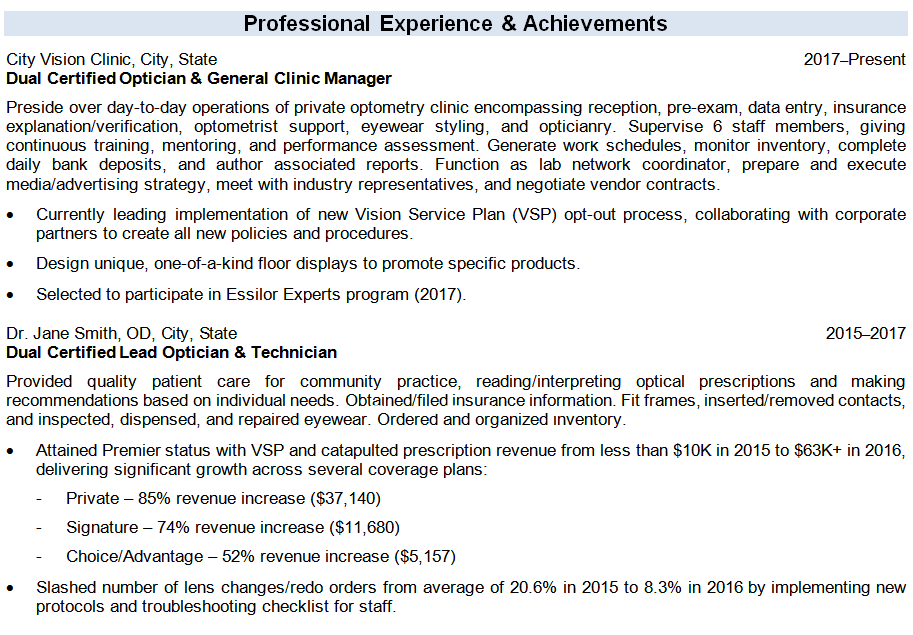 Professional experience section of an optician resume