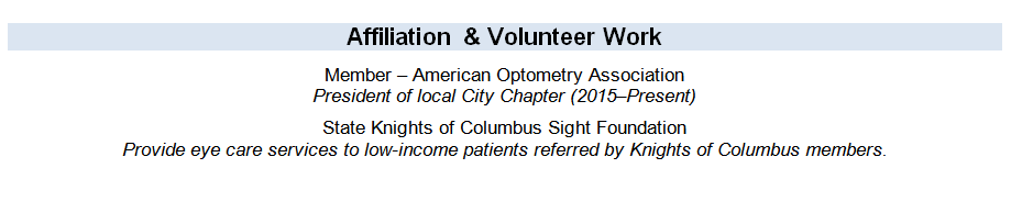 Affiliation and volunteer work section of an optician resume