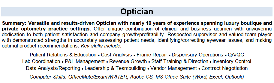 Summary and core competencies section of an optician resume