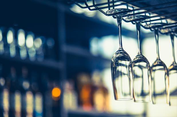 Empty glasses hanging in a restaurant