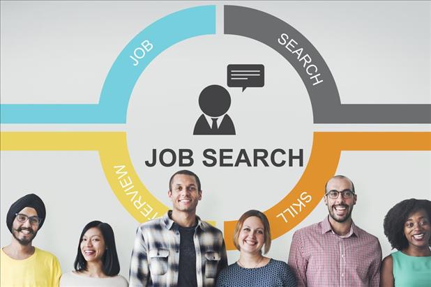 Job seekers standing in front of a chart showing the job search cycle