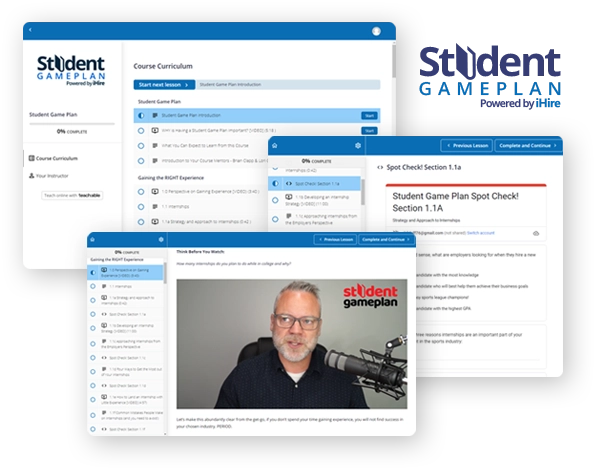 screenshots from Student Game Plan platform