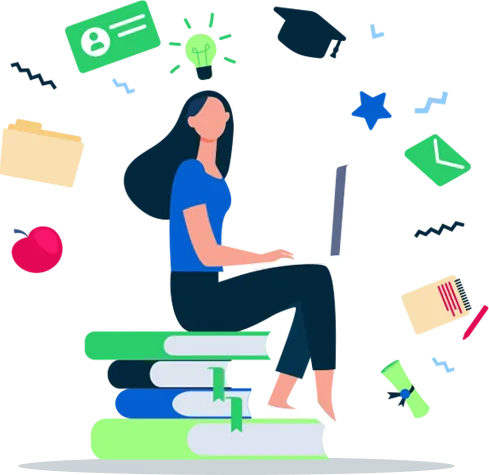 illustration of woman sitting on books with laptop