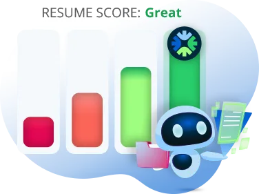 ihire’s resume review tool providing a great score to a user with a robot holding files in front of it